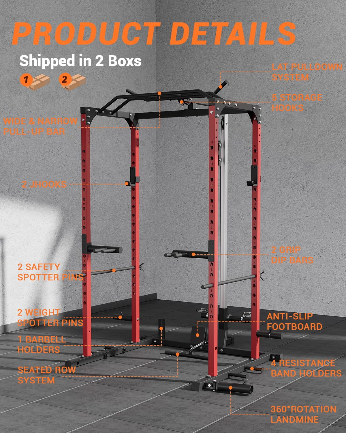Accreate Power Cage, Multi-Functional Power Racks for Home Gym with LAT Pull Down System and Dip Handles, 1200 Lbs Capacity Squat Rack with More Training Attachments for Strength Workou