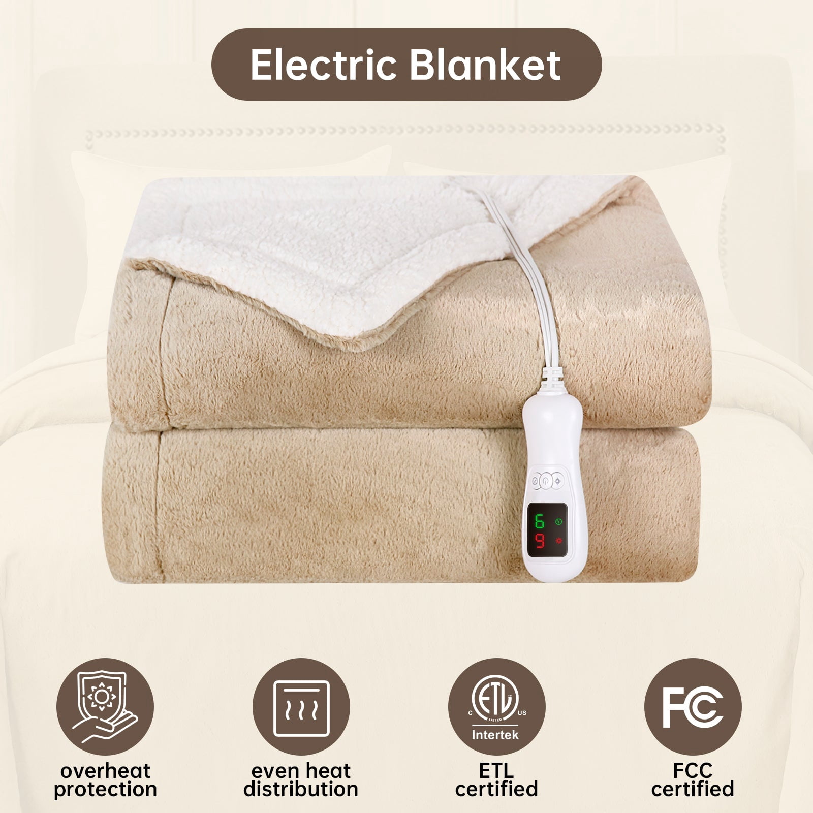 Heated Blanket Twin Size, Washable Heated Blanket Electric, Electric Blanket, Beige, 62" x 84", Blanket Warmer Heating blanket Heat Warming Blanket Electric Blanke Heater