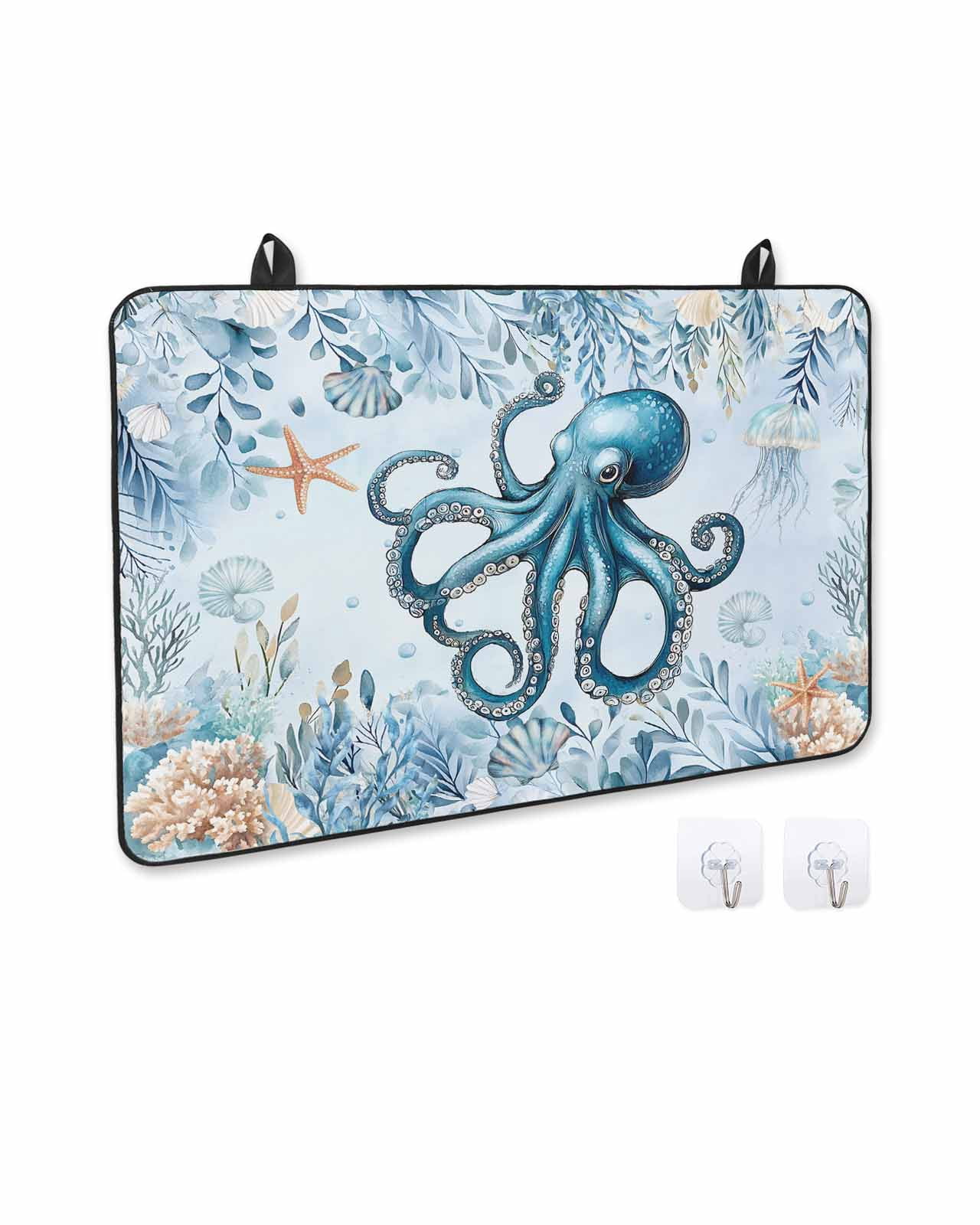 nqOlkjepod Large Induction Cooktop Protector Mat 24"x21", Blue Octopus Coastal Stove Top Covers for Electric Stove, Eucalyptus Leaves Botanical Stove Burner Cover Mats, Glass Top Stove Cover