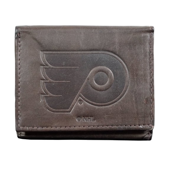 Philadelphia Hockey Flyers Embossed Trifold Wallet - Soft Dark Brown Leather - with Worn Distressed Look