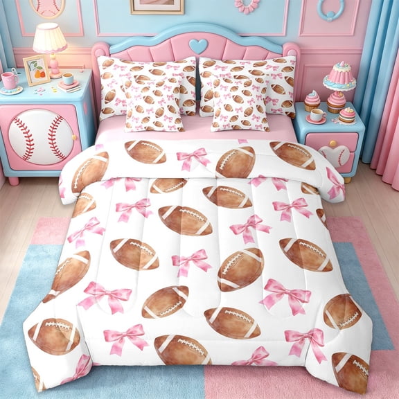 Erosebridal Pink Cute Bowknot 7-Piece Twin Bedding Sets,American Ball Rugby Sport Bedding Comforter Set For Kids Girls,Reversible