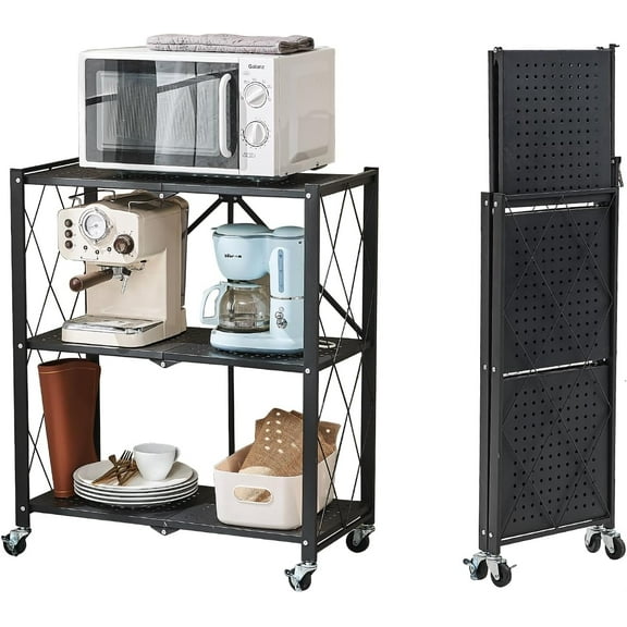 Foldable 3-Tier Heavy Duty Storage Rack with Wheels,Rolling Utility Cart for Kitchen, Garage, Living Room, Study, Basement
