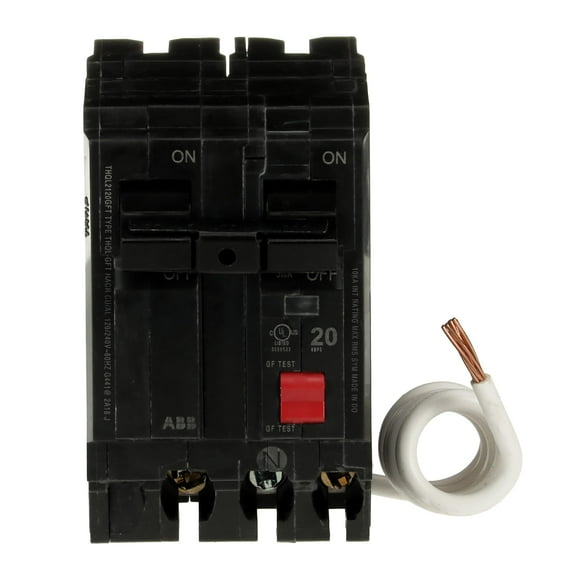 ABB Q-Line® THQL2120GFT 20A Double Pole Circuit Breaker • 20 Amp Double Pole Ground Fault Breaker with Self-Test • 120/240 VAC 2-Pole G