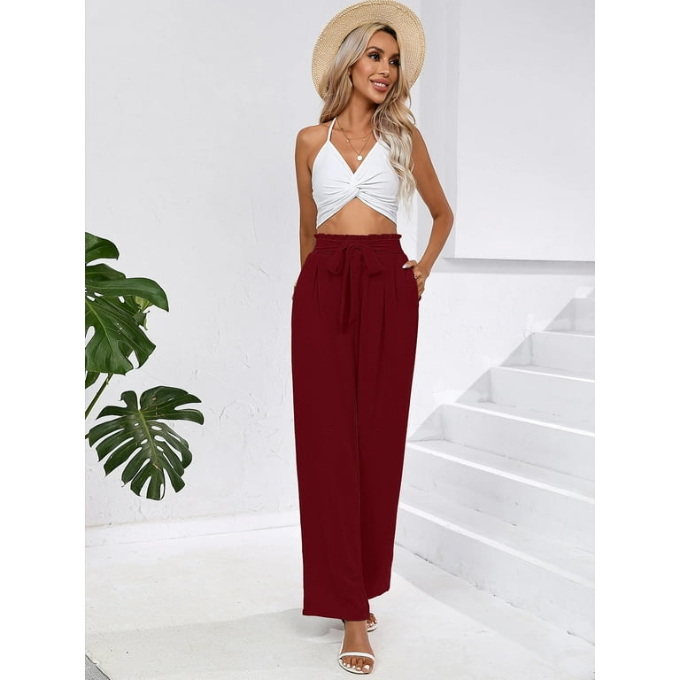 Chiclily Women's Belted Wide Leg Pants with Pockets Lightweight High  Waisted Adjustable Tie Knot Loose Trousers Flowy Summer Beach Lounge Pants,  US Size XL in Burgundy 