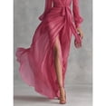 thumbnail image 6 of Elegant Pink Long Mesh Bishop Sleeve Dress With Flared Hem And Stand Collar, 6 of 6
