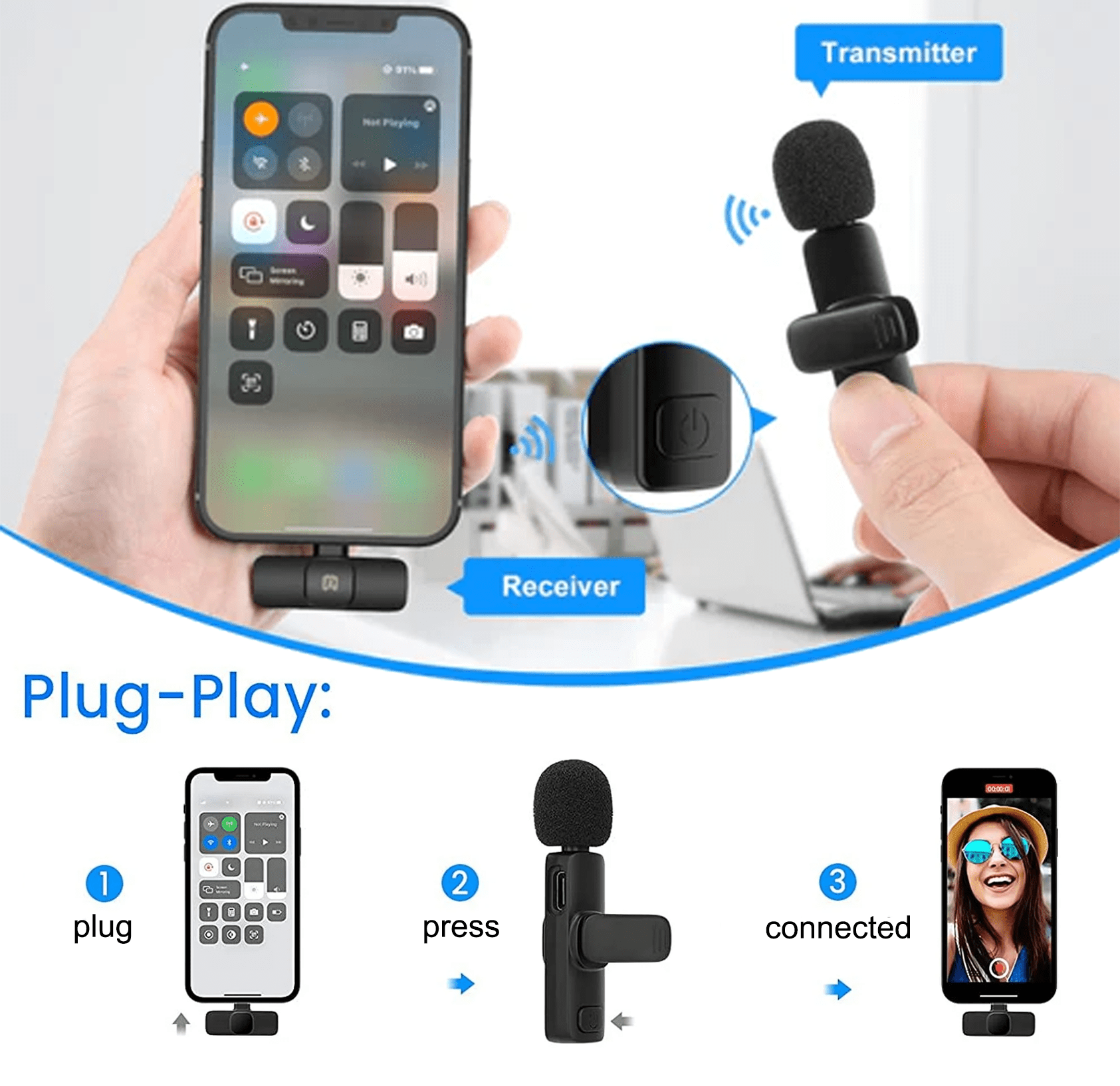 2Pcs Lavalier Wireless Microphone for iPhone,Mini Microphone for Recording, Live Streaming, YouTube, Tiktok, Facebook, Intelligent Noise Cancelling, Automatic Sync, No App