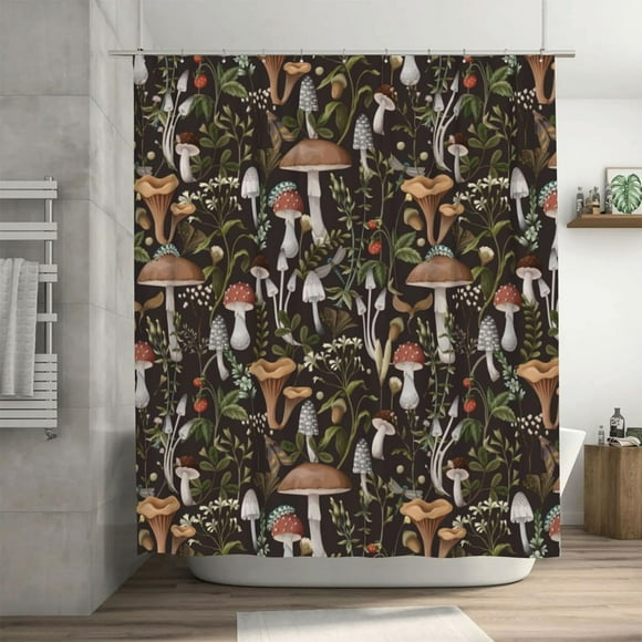 shiyou-Mushroom Shower Curtain, Boho Shower Curtains for Bathroom, Cute Floral Black Shower Curtains, Leaf Vintage Retro Shower Curtain, Waterproof Shower Curtains Polyester Fabric, 72x72 Inch