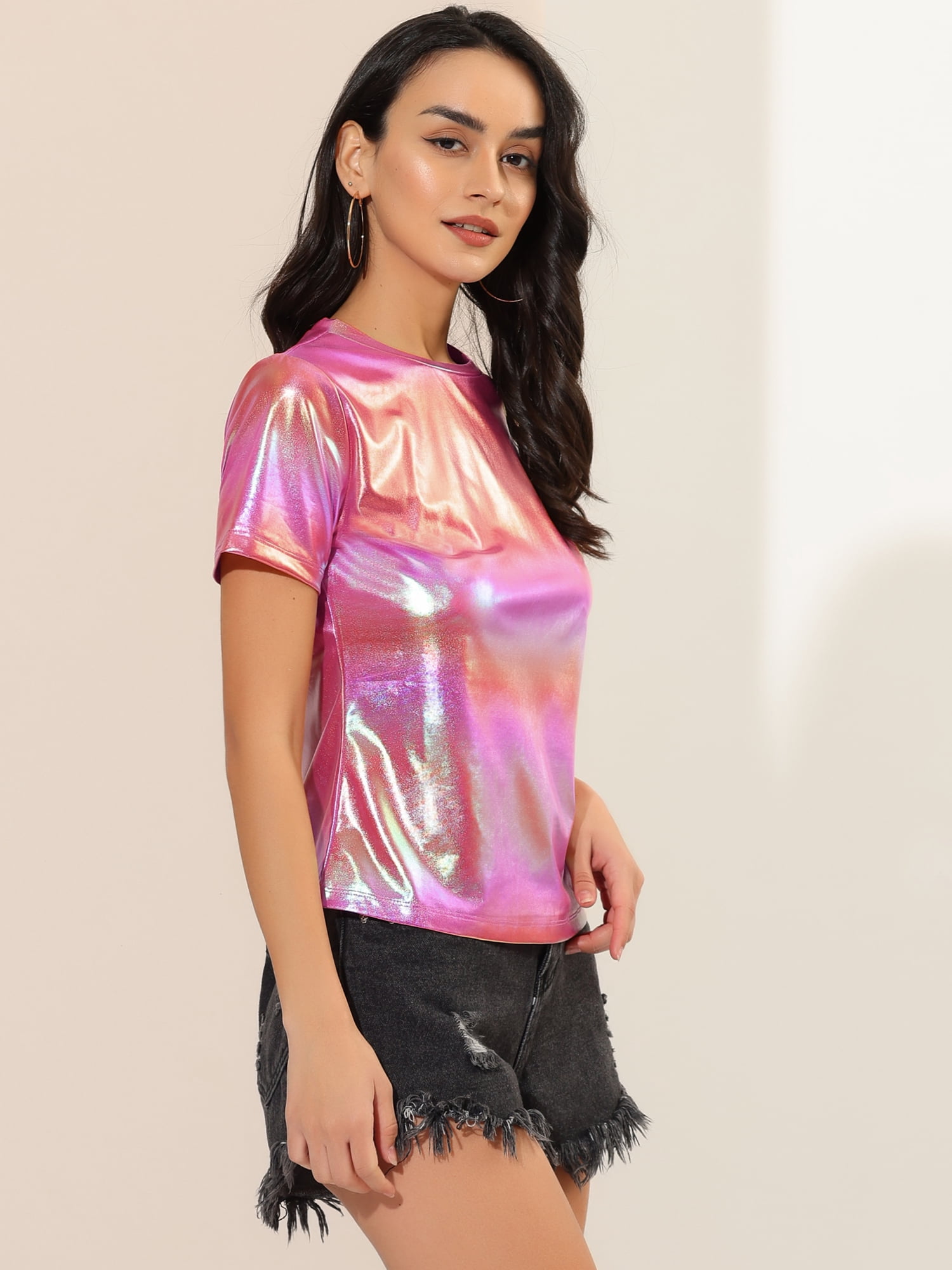 DARING DIVA Party Metallic Textured Short Sleeve Shiny Tops XL Pink