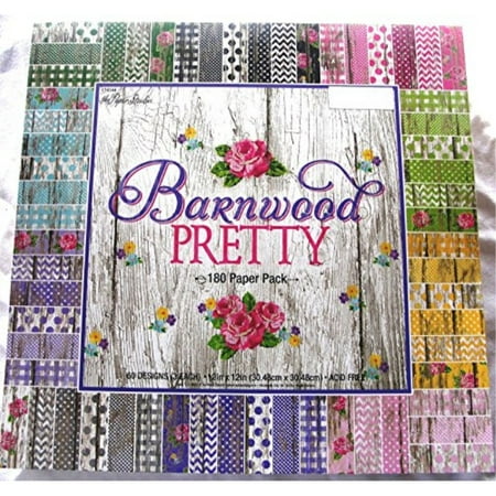 Paper Studio Scrapbook Barnwood Pretty 12x12 Scrapbooking Paper Pack 180 Sheets Chevron, Dots, Roses, Gingham, Country, Shabby, Farm Vintage, Old Wood ()