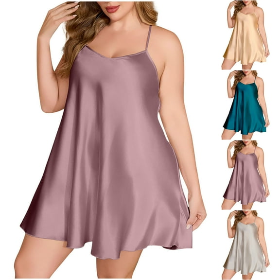 Fengqque Women's Plus Size V-neck Loose Solid Color Suspender Ice Silk Loose Nightdress Home Clothes Purple XL