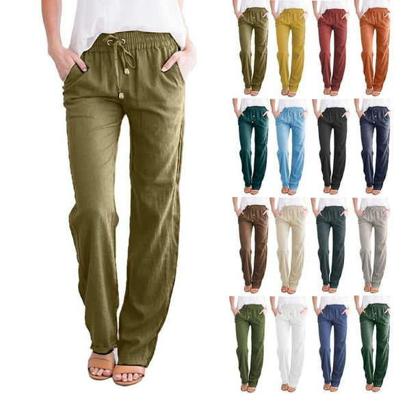 Linen Pants Women Wide Leg Womens Casual Cotton Linen Pants Lightweight Summer Relax Fit Elastic Waist Plus Size Solid Lounge Long Trousers