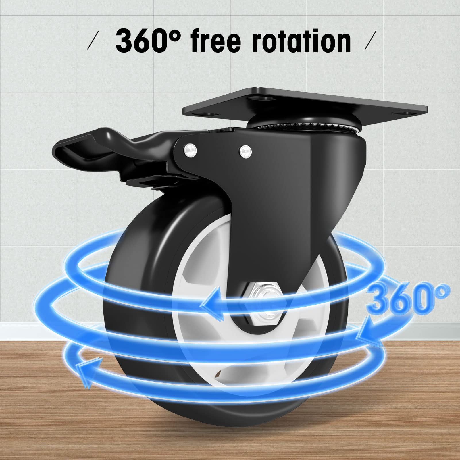 ASHGOOB Caster Wheels, 4 Inch Casters Set of 4 Heavy Duty - Black Polyurethane Castors, Top Plate Swivel Wheels, 4-Pack Industrial Casters with Brake, Locking Casters for Furniture and Workbench