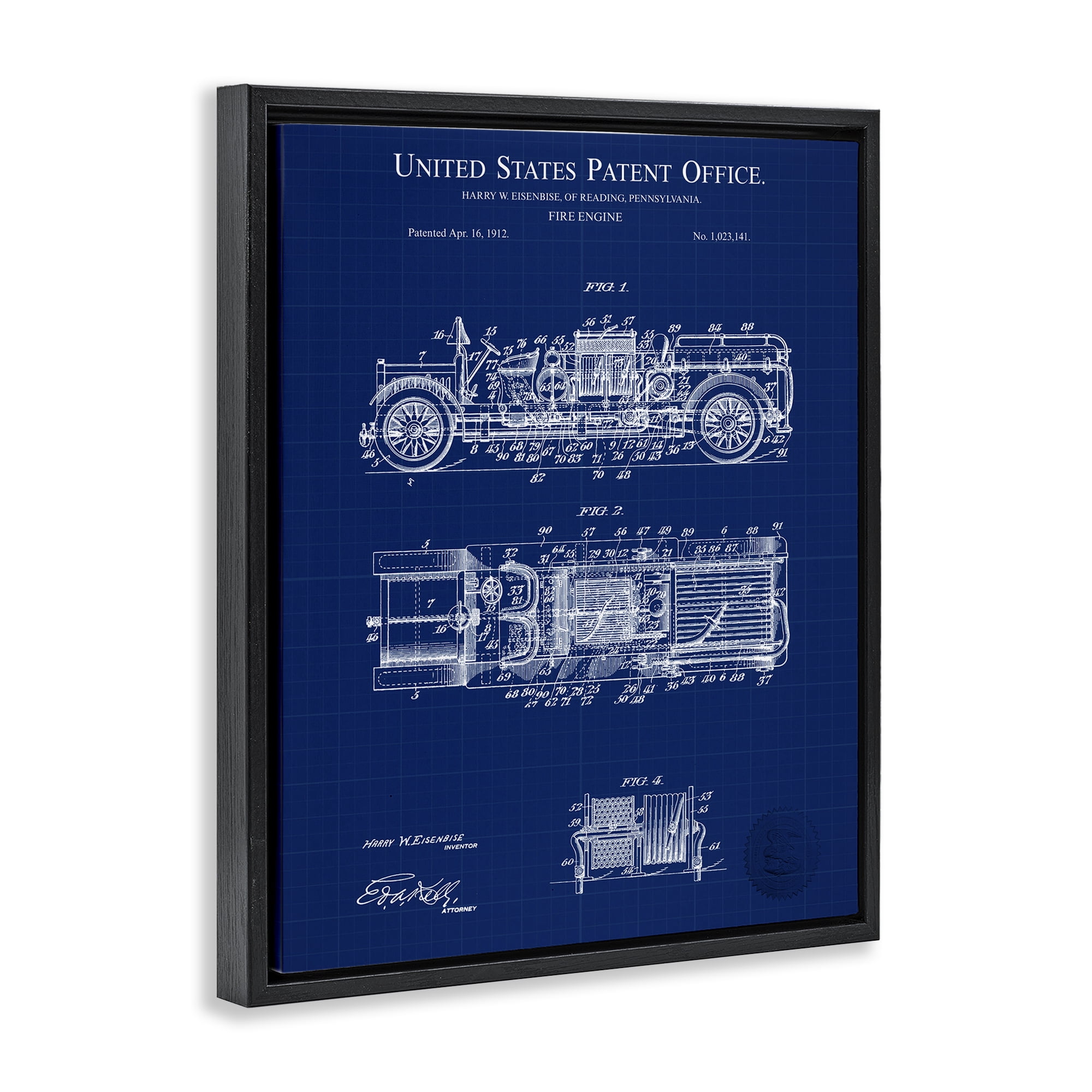 Stupell Industries Fire Engine Blueprint Transportation Painting Black Floater Framed Art Print Wall Art, 17 x 21