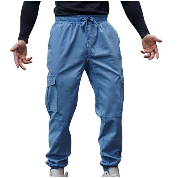 YLSDY Mens Cargo Pant Casual Cotton Drawstring Workout Joggers Athletic Pants Cotton Loose Tapered Sweatpants Lightweight Blue XXL