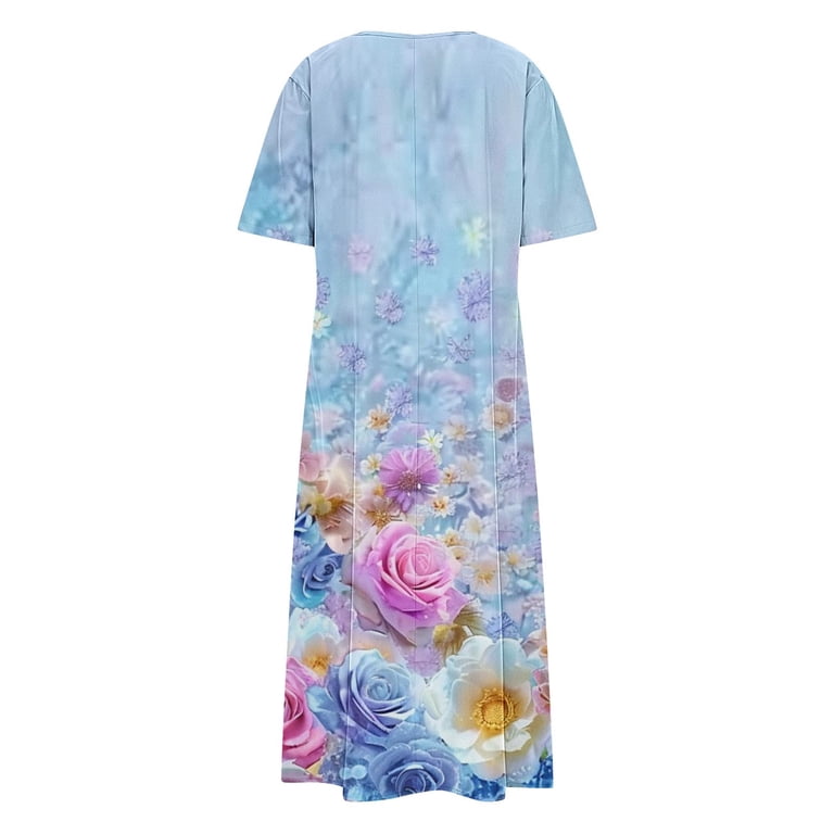 Yuxingfu Womens 100% Cotton Dresses Maxi V-Neck Plus Size Womens Dress Short Sleeve Floral Long Casual Summer Light Blue L, Women's, Size: Large, Red