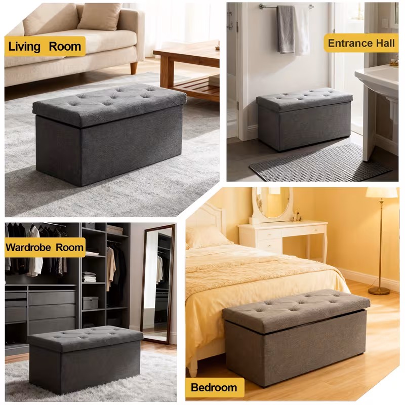 43" Foldable Storage Ottoman Bench with Bins, Padded Footrest Stool for End of Bed, Living Room and Entryway, Holds up to 800 lbs, Gray