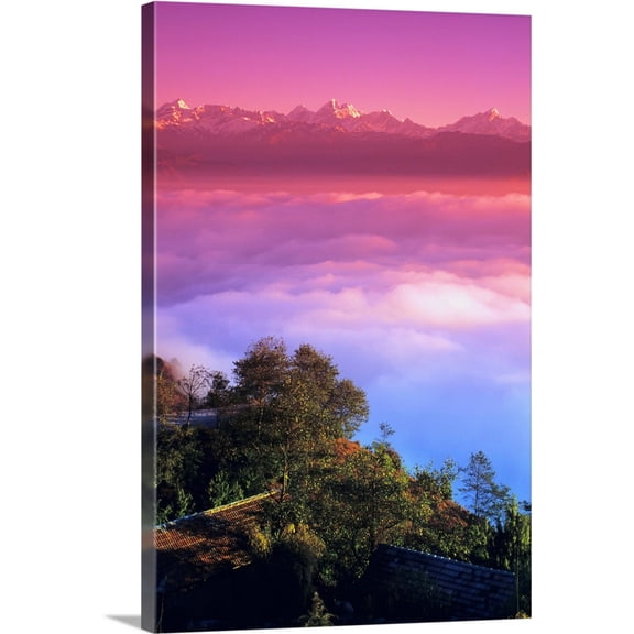 Great BIG Canvas | "Nepal, Nagarkot, Village Above Clouds, Pink Sunset And Himalayan Mountains In Background" Canvas Wall Art - 20x30