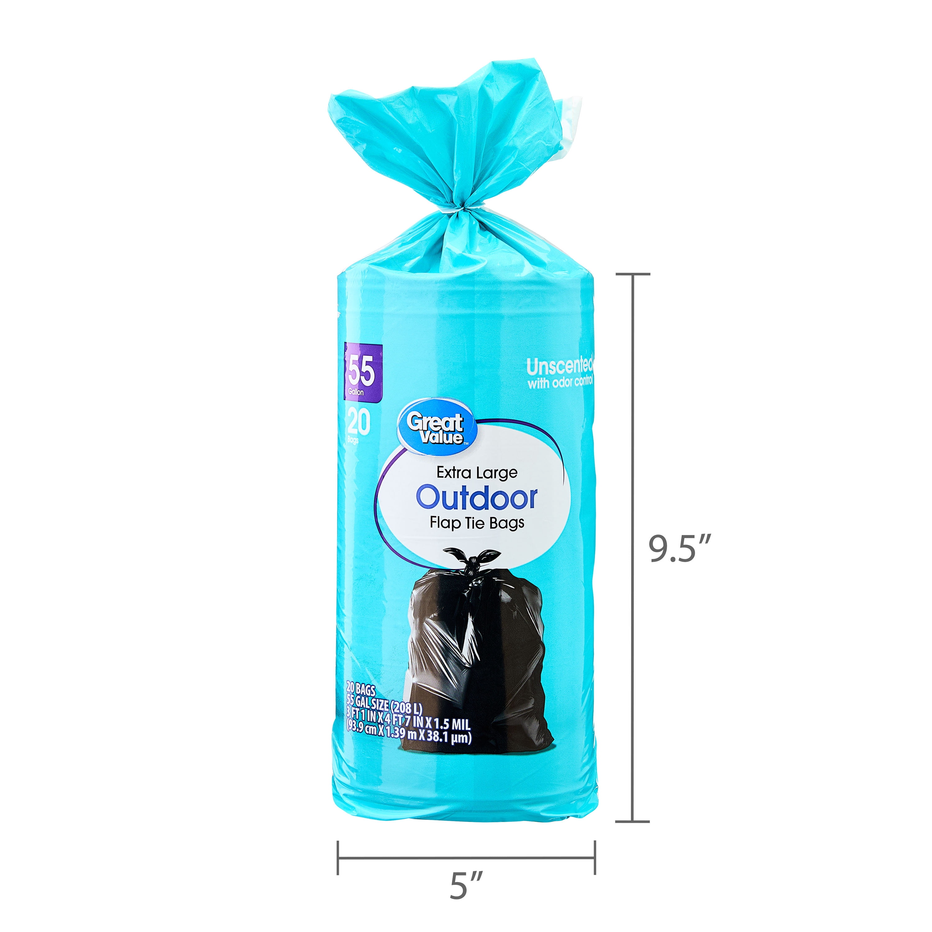 Great Value 55 Gallon Extra Large Outdoor Flap Tie Bags, 20 Bags