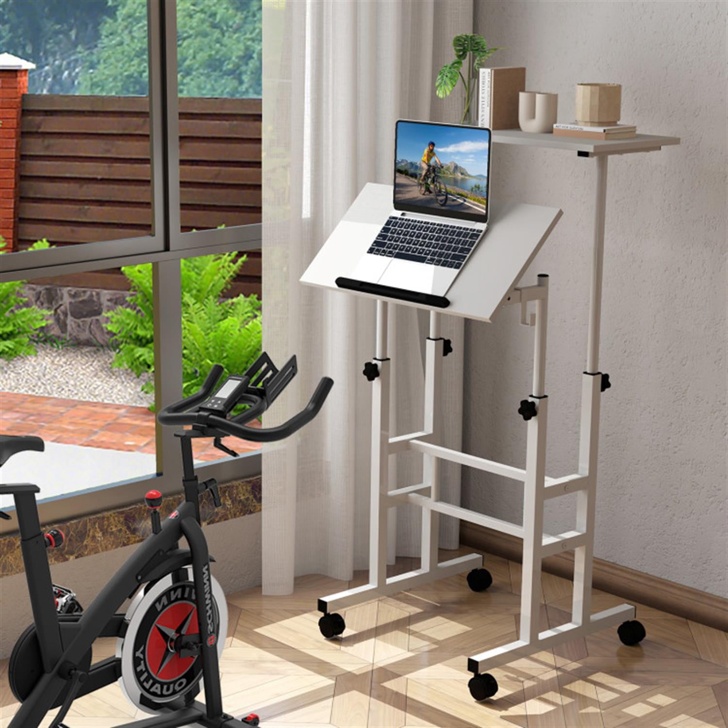 Demi Bonn Height Adjustable Mobile Standing Desk with Rolling Wheels for Office and Home, Laptop Workstation for Laptops, Books, Tablets, and Art, White