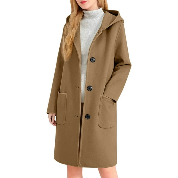 XUNKUSGA Trench Coat Women Classic Solid Color Wool Mid-Long Hooded Winter Coats for Women Elegant Single Breasted Warm Jackets for Women with Pockets S-2XL Brown