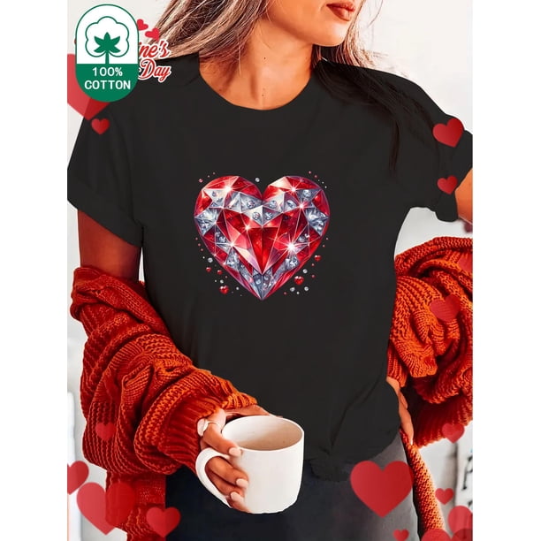 Camiseta con estampado de diamantes de San Valentín, cuello redondo y manga corta, informal, ideal para primavera/verano. Ideal para adultos, hombres, mujeres, adolescentes y jóvenes.