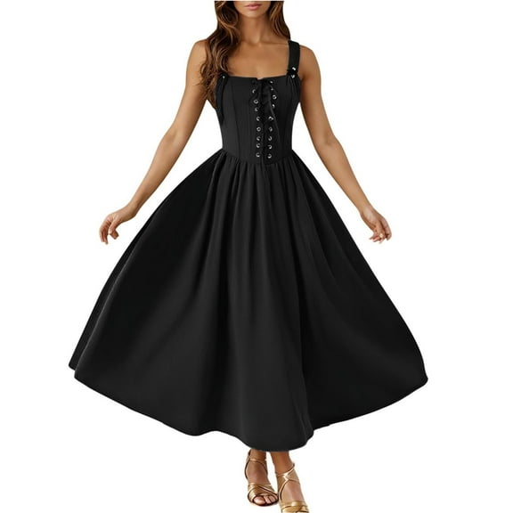 Ygbgbb Renaissance Dress Women Gothic Style Sleeveless Maxi Dress Victorian Dresses Lace-Up Flowy Cottagecore Dress Medieval Fashion Elegant Costume Black XXL