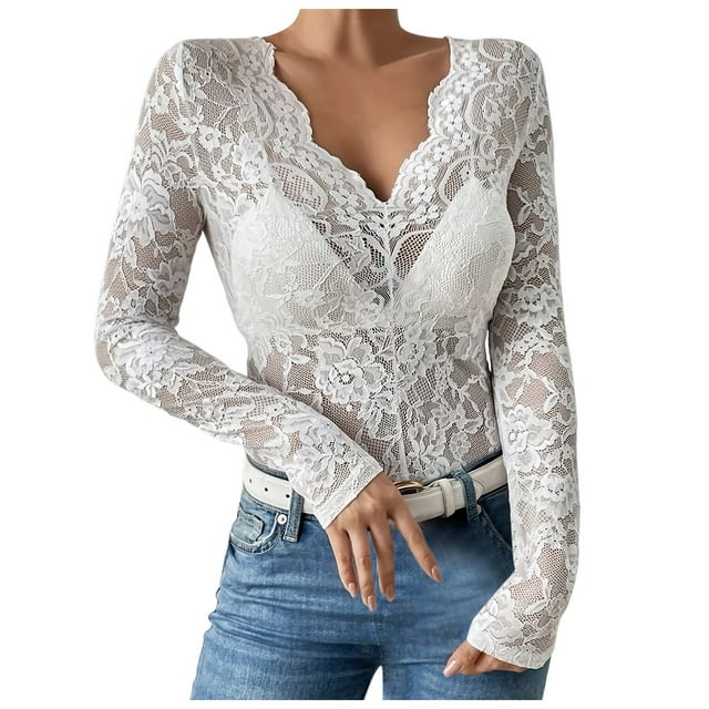 Top de malla transparente para mujer, manga larga, cuello alto con encaje floral, blusa transparente - Camisa ligera con capas, color negro