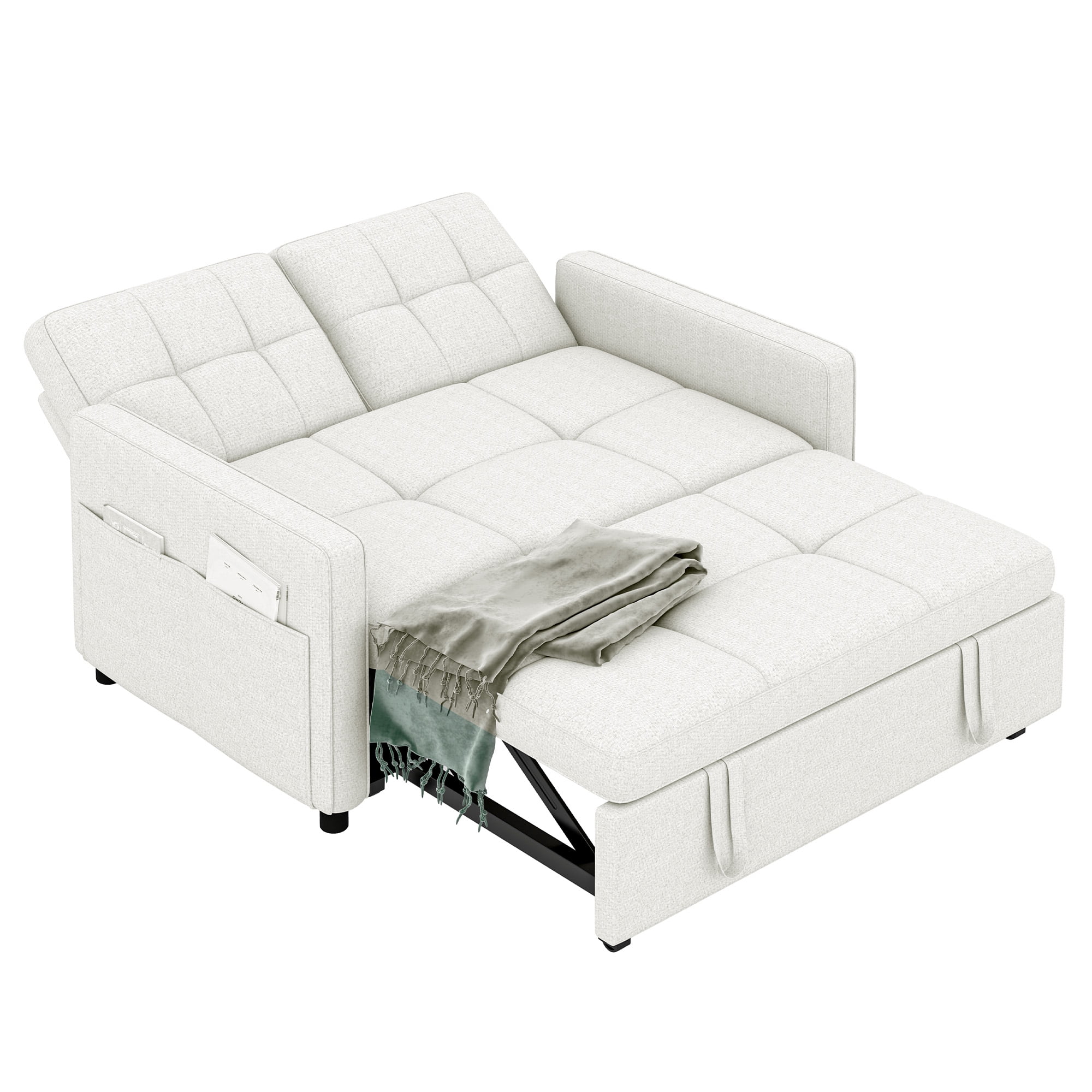 Uforic 55" Modern Convertible Sofa Bed with Pull Out Bed, Upholstered Loveseat Sofa Couch with Adjustable Backrest, White