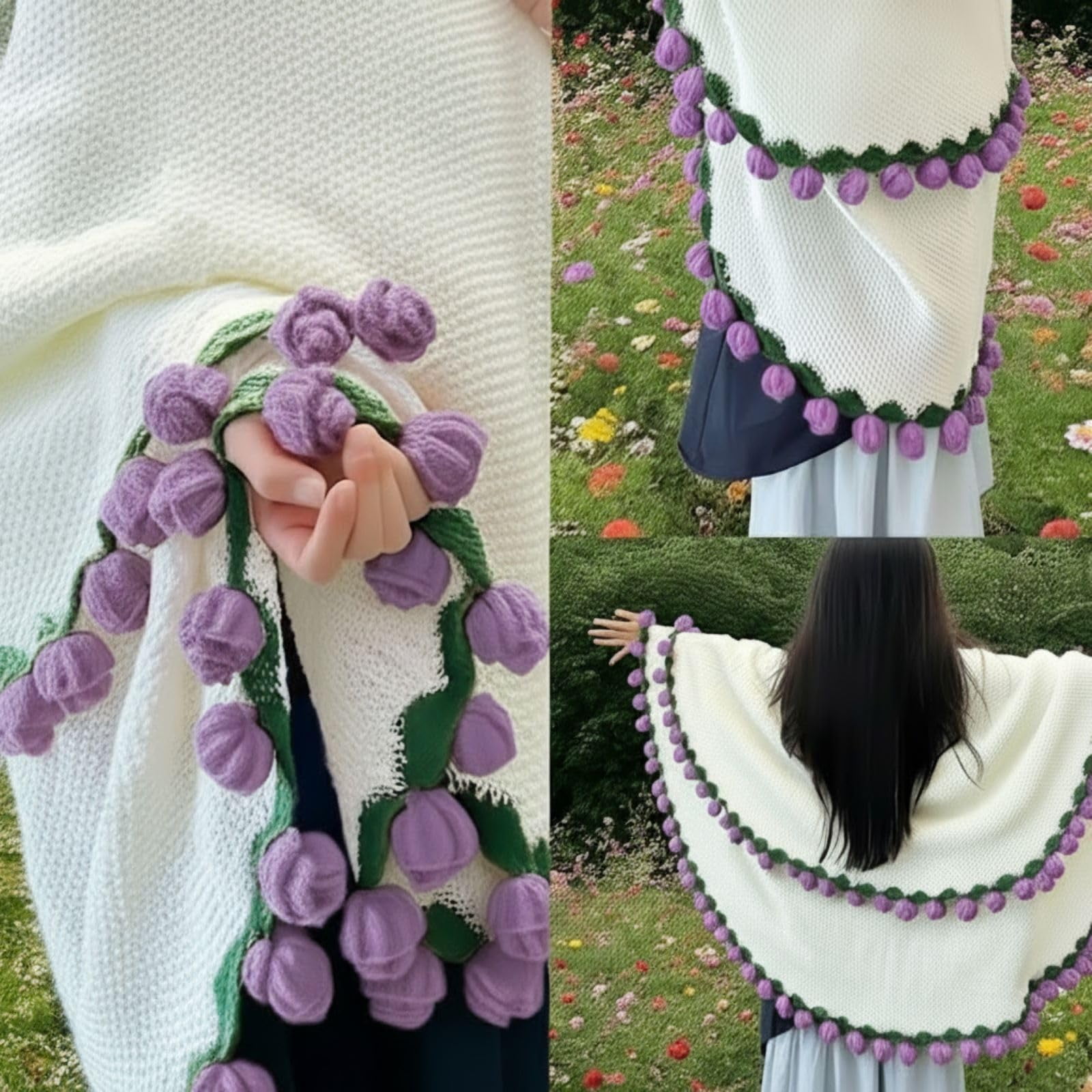 Pekkaxy Handmade Crochet Rose Bouquet Blanket, Soft Knit Throw for Bed Sofa Couch, Decorative Flower Blanket for Valentines, Birthday, Wedding Gift, 3 Sizes