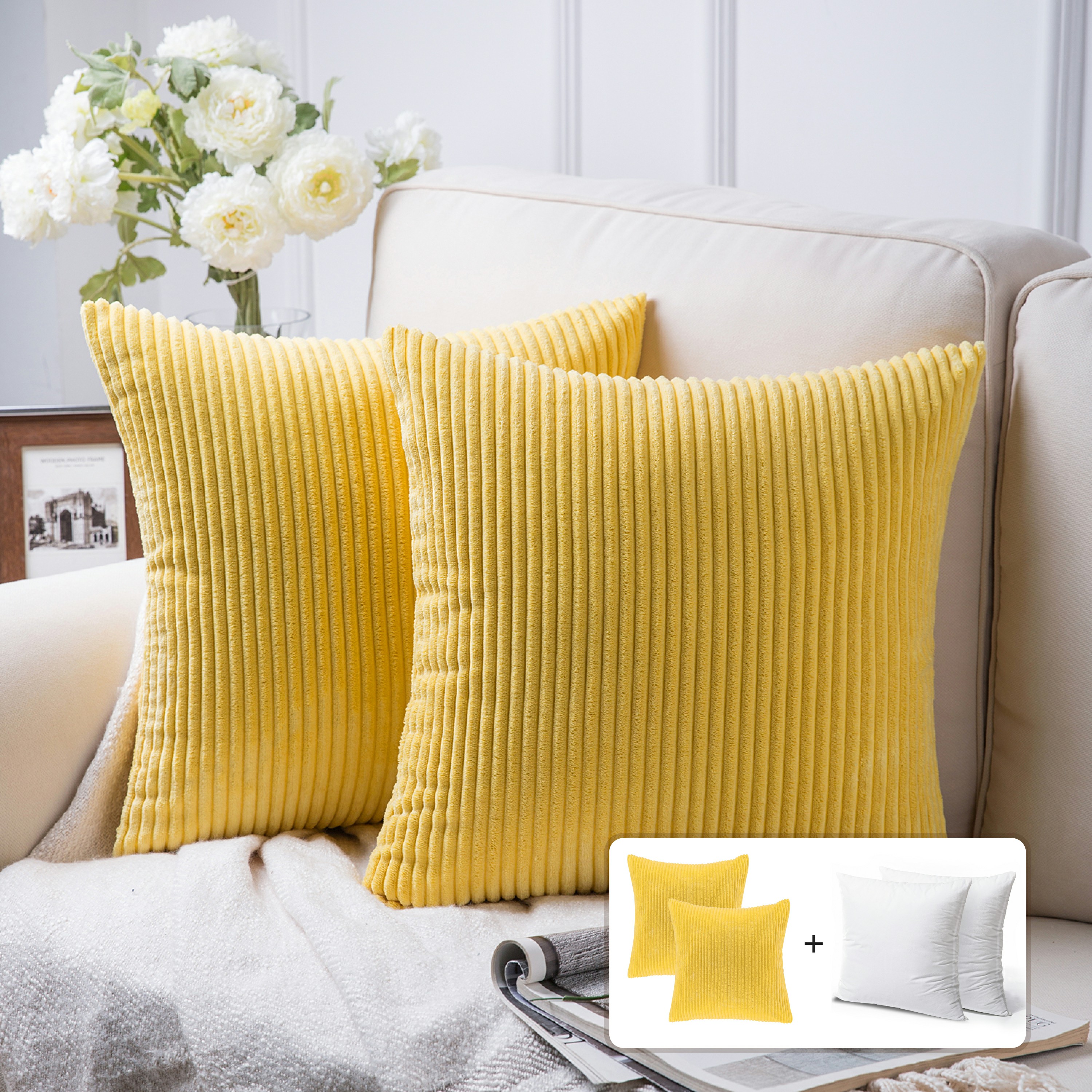 Fluffy Corduroy Velvet Solid Color Suqare Cusion Accent Decorative Throw Pillow for Couch, 18" x 18", Yellow, 2 Pack