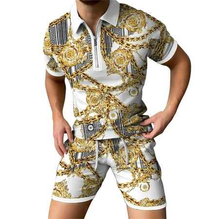 

Men s Summer Casual 2 Piece Outfits Retro 3D Graphic Print Zipper Lapel Polo Shirts and Shorts Suits SweatSuit