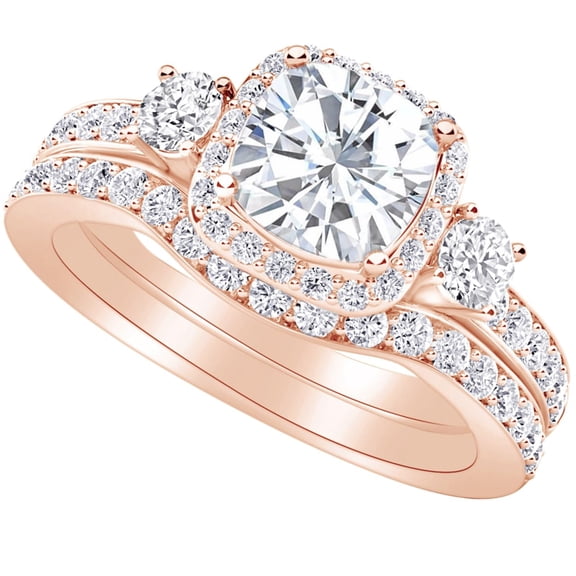 1 Carat Cushion LAB GROWN Gemstone and LAB GROWN Diamond Wedding Bridal Set (0.5ct Center, AAAA Heirloom Quality) RISV29W2DI 14K Rose Gold BBF1812