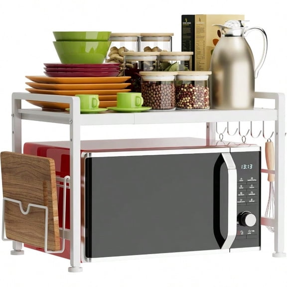 Extendable Microwave Oven Rack Adjustable Kitchen Counter Shelf 2 Tier Microwave Stand L15.723.6 XW12.8 XH17.7 With 6 Hooks For Kitchen Countertop Organizer (White)