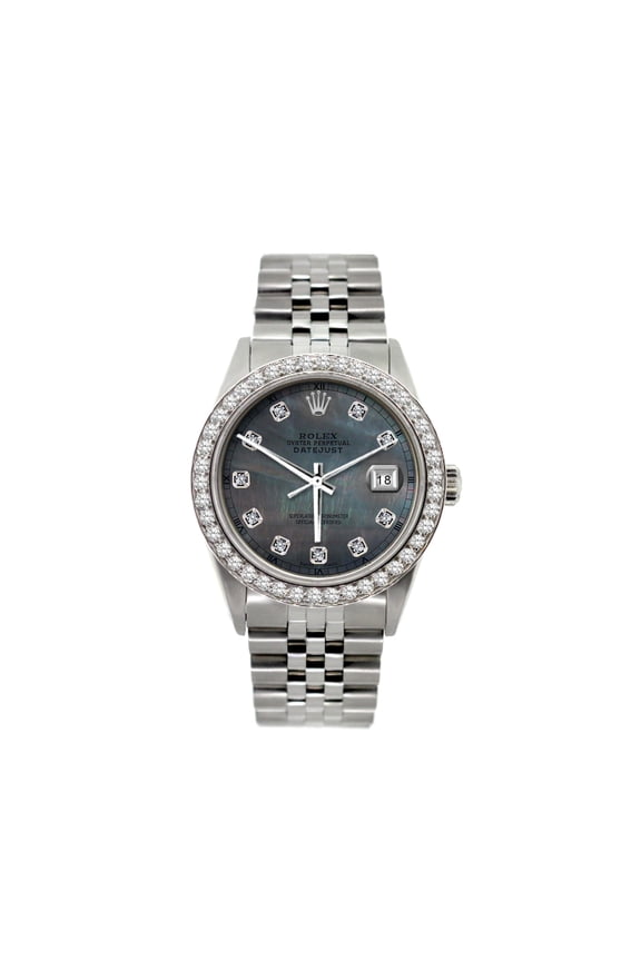 Pre-Owned Rolex Datejust 36MM 16200 Black Mother of Pearl Diamond Dial Diamond Bezel Stainless Steel Jubilee Bracelet 1.2ct