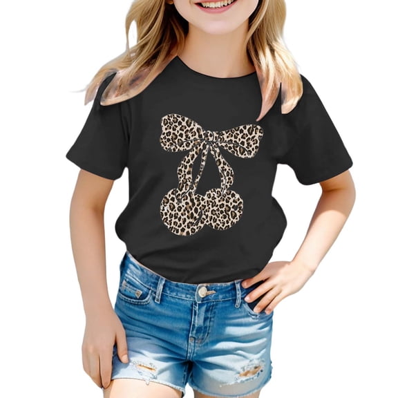 CONZONE Girls Summer Tops Short Sleeve Leopard Cherry Graphic Tshirts For Girls Crew Neck Soft Toddler T-Shirts Size 3-4 Years Black