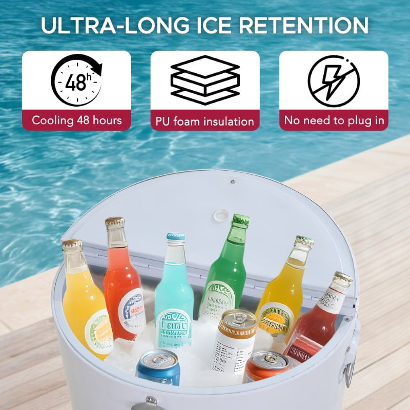 Sunjoy Rooling Ice Chest Cooler Cart 60 Quart, Portable Patio Party Bar Drink Cooler Cart, Beverage Bar with Bottle Opener and Shelf, White