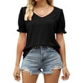 thumbnail image 3 of Bienvenido Women Shirred Puff Sleeve Top V Neck Pure Color Loose Fitting Casual Summer Pullover Shirt Black M, 3 of 6