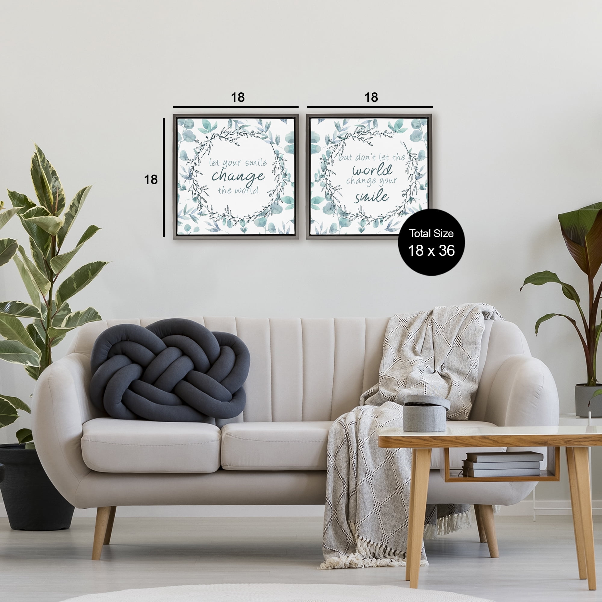 Stupell Industries Inspirational Smile Quotes 2 Piece Gray Framed Floater Canvas Set, design by Kim Allen