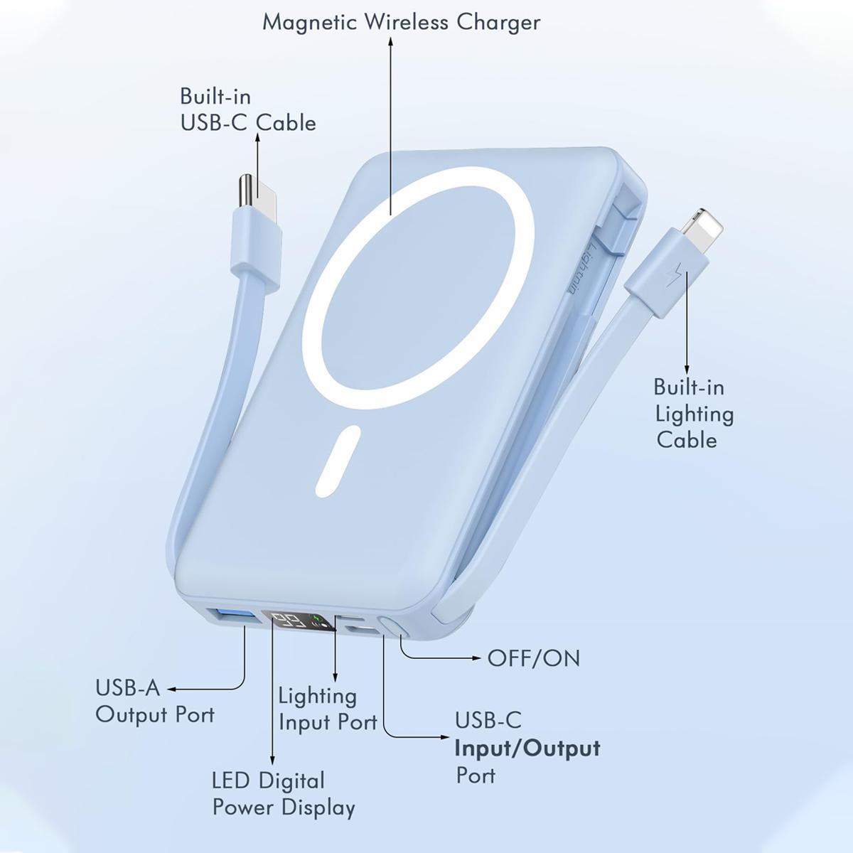 Podoru Wireless Portable Charger, 10000mAh Magnetic Power Bank Built-in USB C Lighting Cables 22.5W PD Fast Charging LED Display Battery Pack for for iPhone 16/15/14/13/12 - Blue