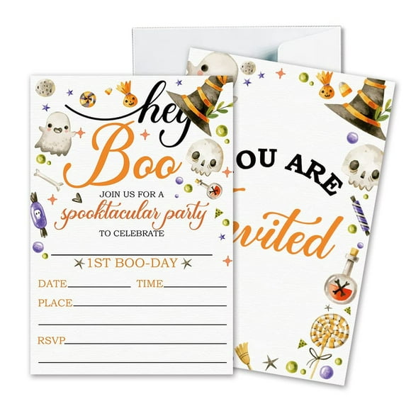 Spooktacular Fill-in Invitations Set - 25 Fun Cards with Envelopes for Kids and Adults, Featuring Pumpkins, Ghosts, and Monsters for Halloween Parties and Birthdays