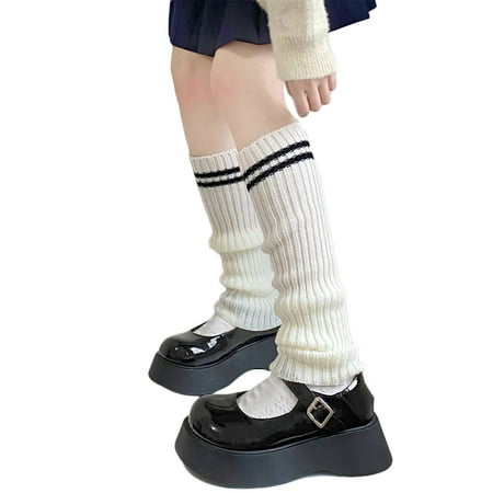 

Women Student Double Striped Knit Leg Warmers Preppy Style Uniform Lolita Boot Cover Crochet Ribbed Knee High Socks