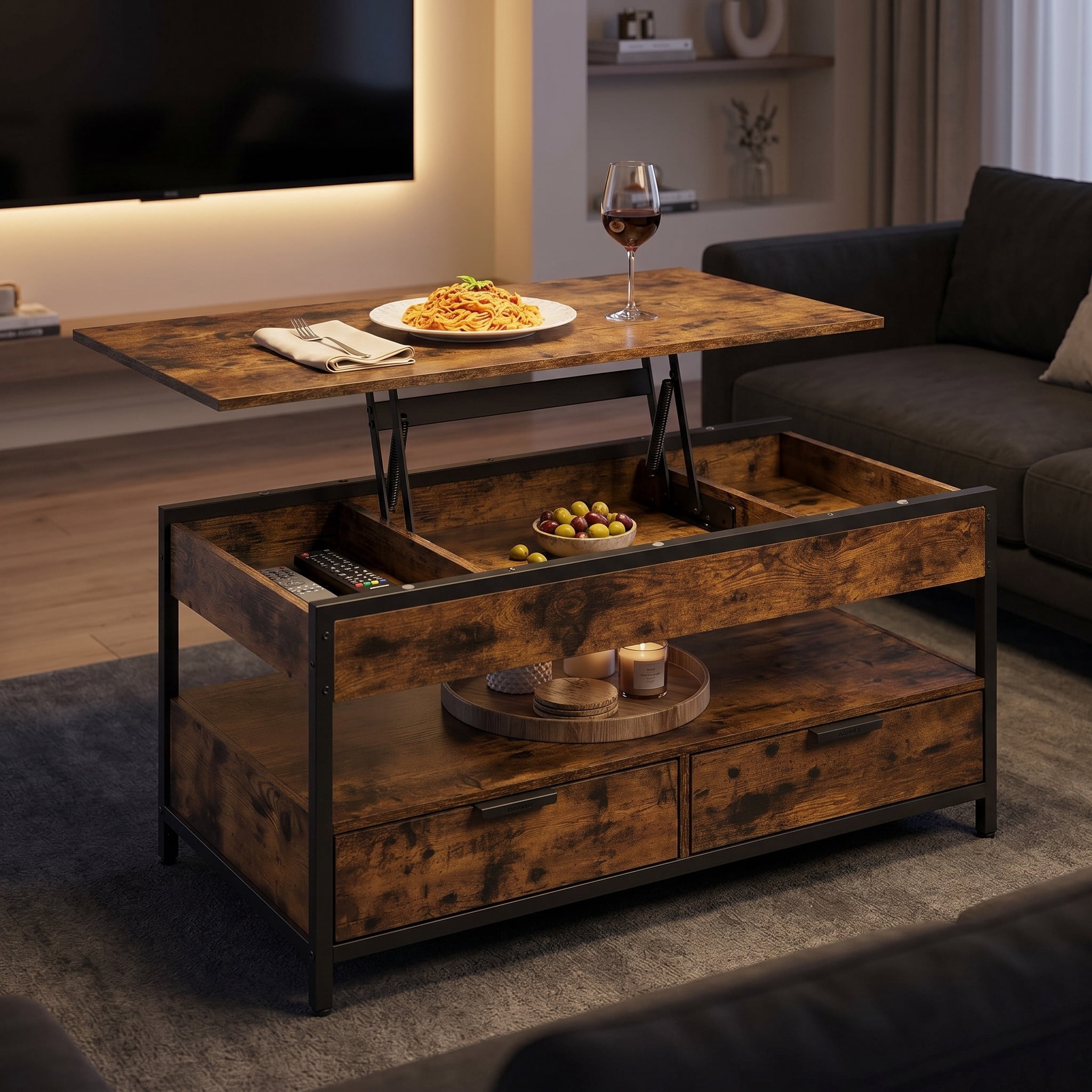 Nordic Hygge 40" Height-Adjustable Living Room Center Table with 2 Storage Drawers and Open Compartment, Vintage Brown Ink Black