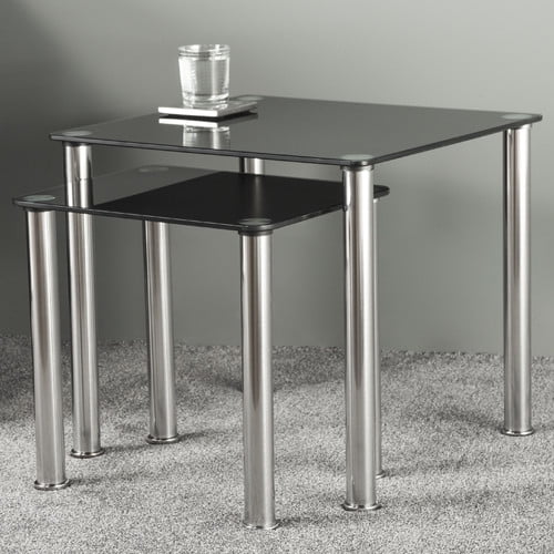 T32A 2 Nesting Side Tables, End Tables , Black Glass and Chrome