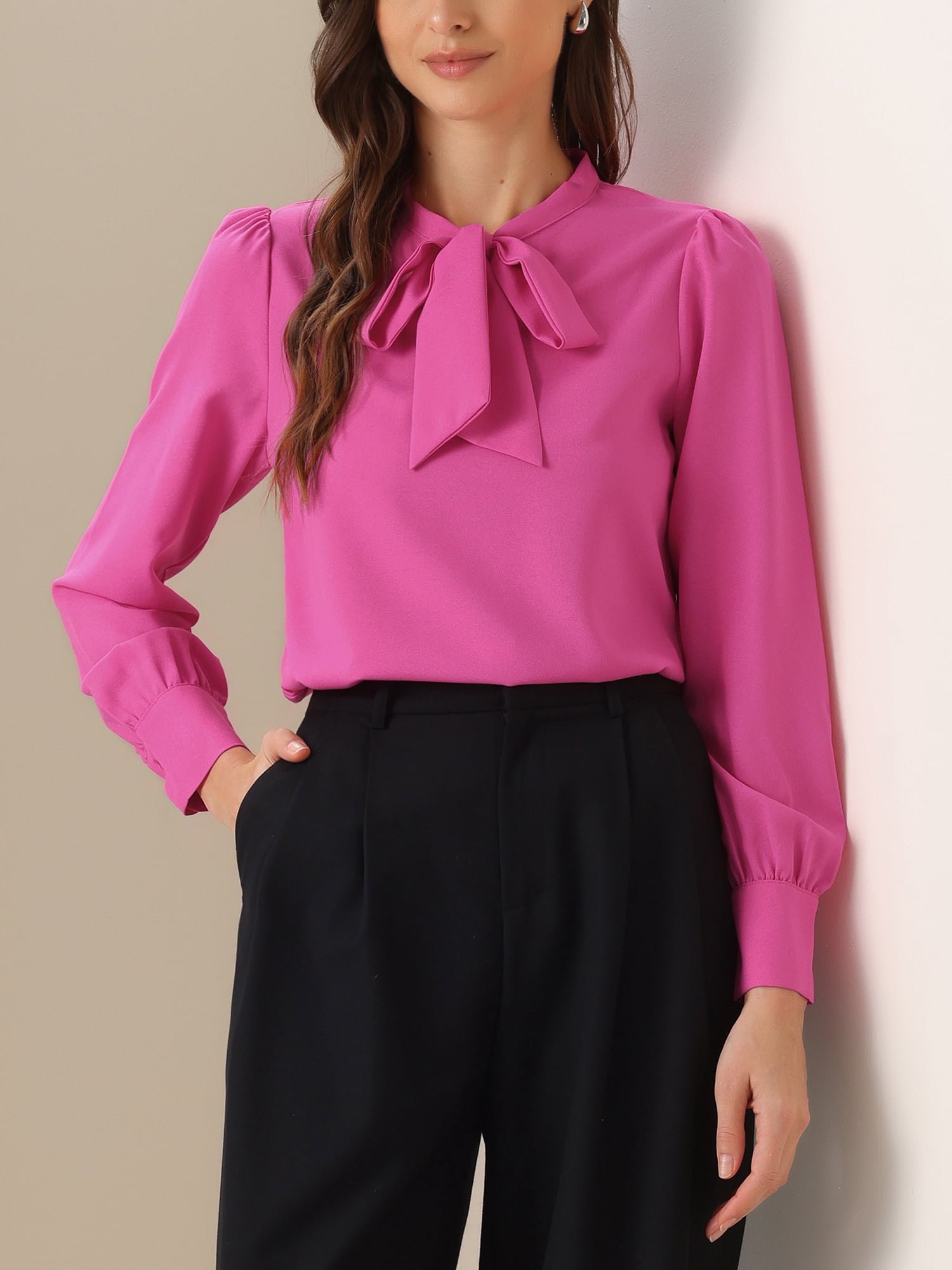 DARING DIVA Women's Bow Tie Neck Tops Long Sleeve Business Work Blouse S Hot Pink