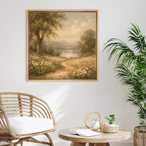 Framed Canvas Wall Art Pastoral Landscape Lake Print for Living Room Decoration - 16"x16" NATURAL