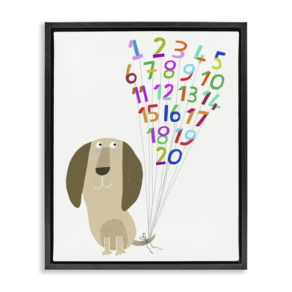 Stupell Industries Dog & Number Balloons Animals & Insects Painting Black Floater Framed Art Print Wall Art, 17 x 21