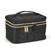 Modella Double Zip Cosmetic Accessory Train Case in Quilted Geometric Design with Separate Brush Compartment