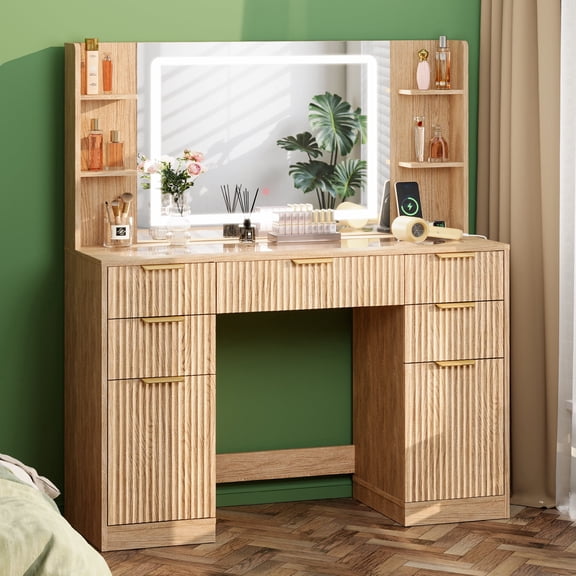 PamapicLife 46.5" Fluted Makeup Vanity Desk Glass Top With Mirror And Lights, 5 Drawers