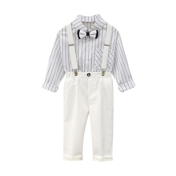 Fall First Day of School Outfits Set Boys Long Sleeve Button Down Shirts Suspender Pants Bowtie Cotton Formal Dresswear 3 Years, Gray