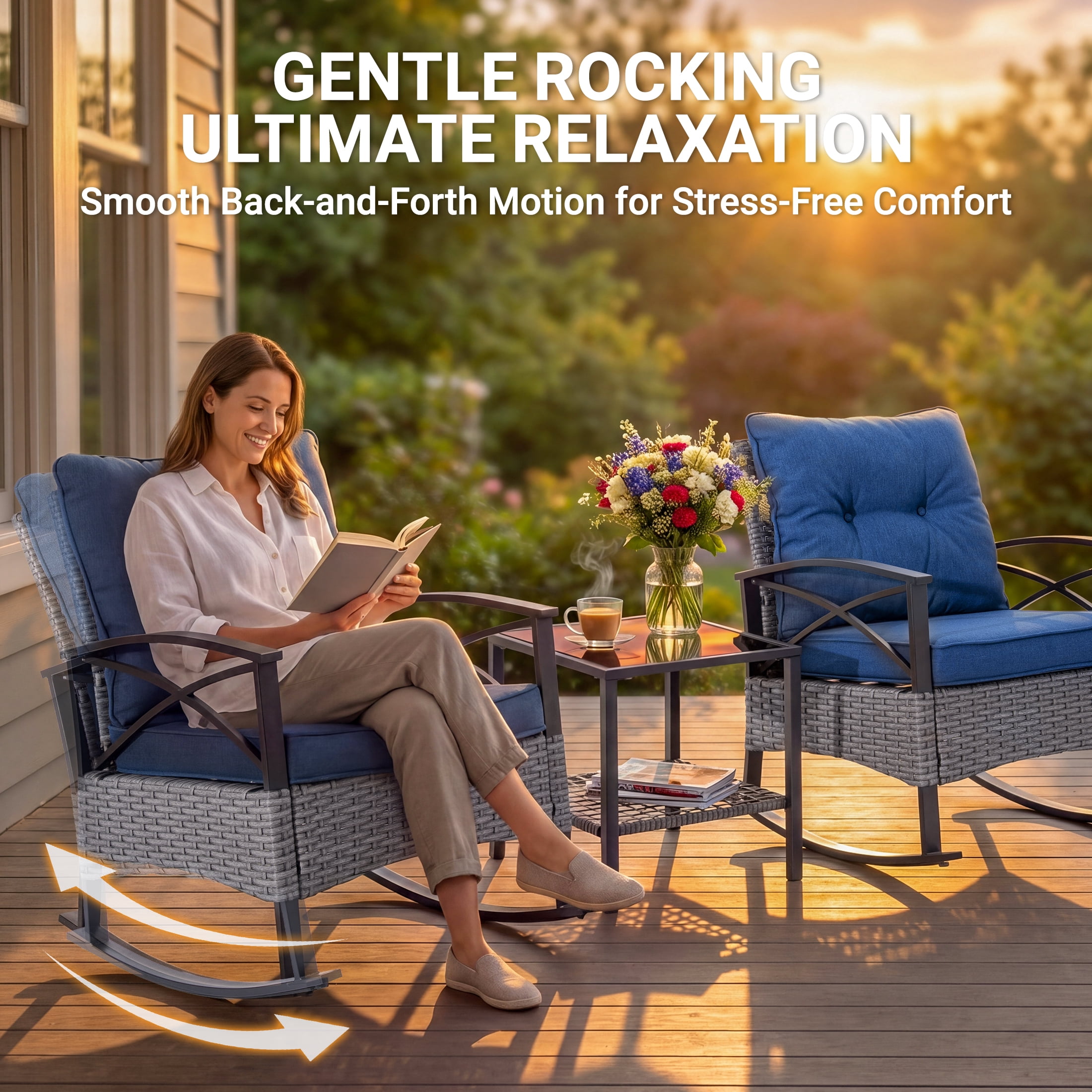 3 Pieces Patio Outdoor Conversation Set, Patio Furniture Bistro Set with 2-Tier Coffee Table, PE Wicker Rocking Chairs with Blue Cushions for for Backyard Porch Poolside